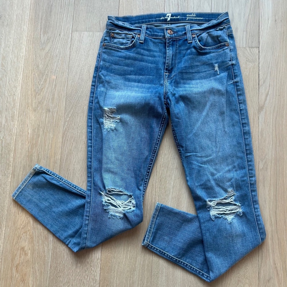 7 For All Mankind Ankle Gwenevere Jeans Sz 27 Blue Med Rise Distressed Skinny